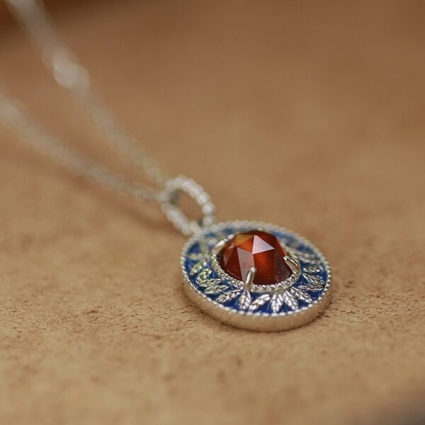 Garnet Pendant Necklace – 925 Sterling Silver with Blue Enamel (4) Jewelry by Stone Blessings