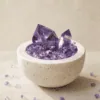 stone-blessings-amethyst-crystal-bowl-with-a-polished-amethyst-tower-in-a-raw-travertine-vessel-front-view Amethyst Towers and Freeform in Travertine Vessel