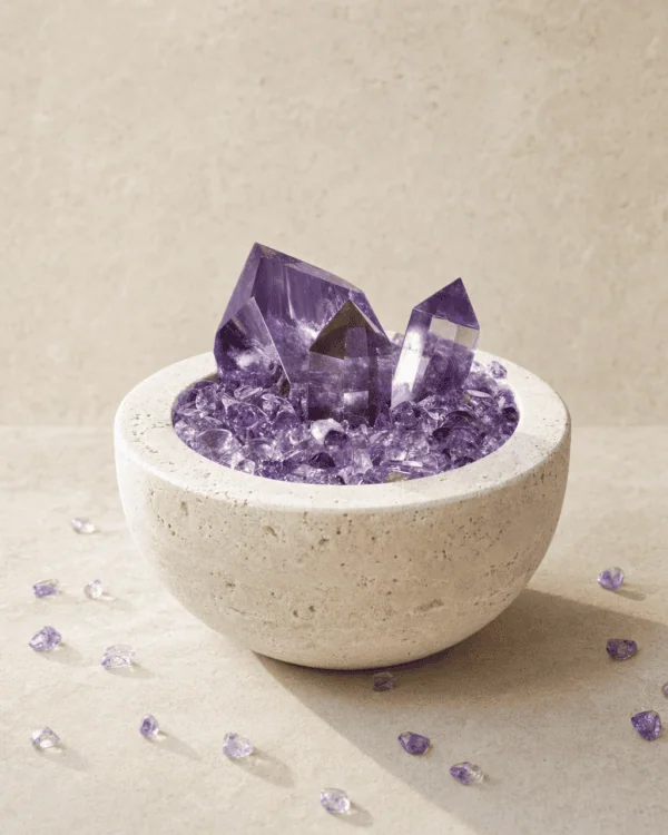 stone-blessings-amethyst-crystal-bowl-with-a-polished-amethyst-tower-in-a-raw-travertine-vessel-front-view Amethyst Towers and Freeform in Travertine Vessel