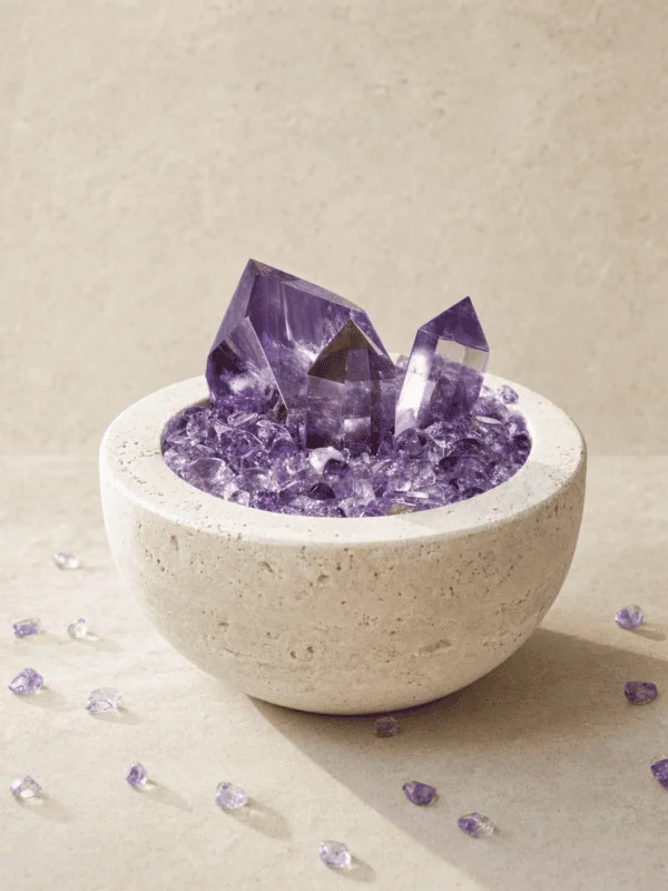 Amethyst Towers and Freeform in Travertine Vessel