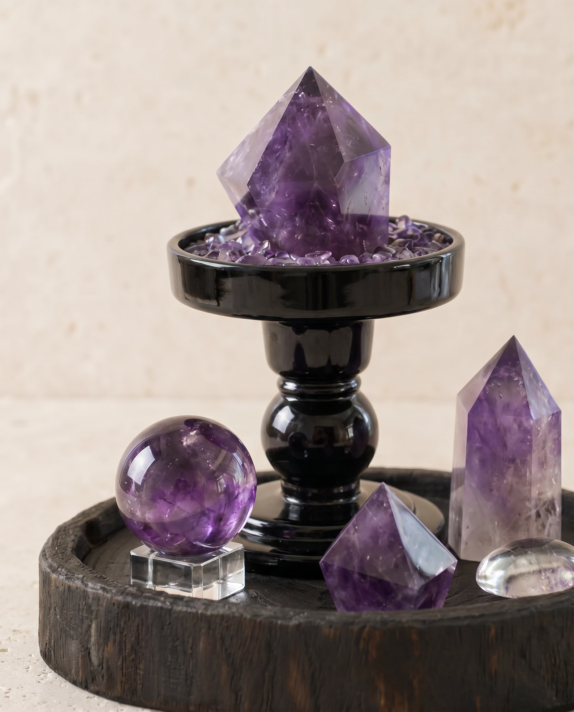Close-up detail of amethyst point and sphere showing natural crystal color and texture