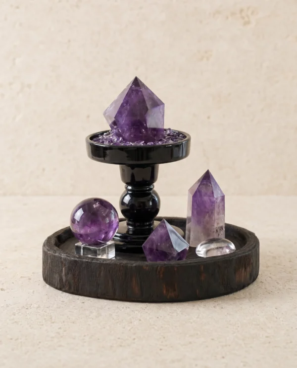 Amethyst Point and Sphere Set on Dark Wood Tray