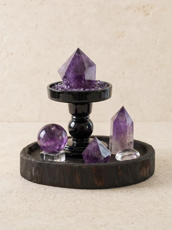 Amethyst Point and Sphere Set on Dark Wood Tray
