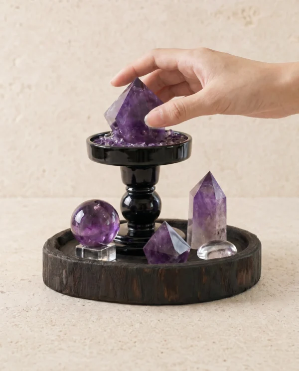 Amethyst Point and Sphere Set on Dark Wood Tray with hand interaction