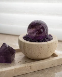 Amethyst Sphere and Point in Travertine Bowl with Tray close-up