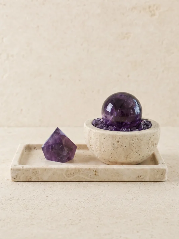 Amethyst Sphere and Point in Travertine Bowl with Tray