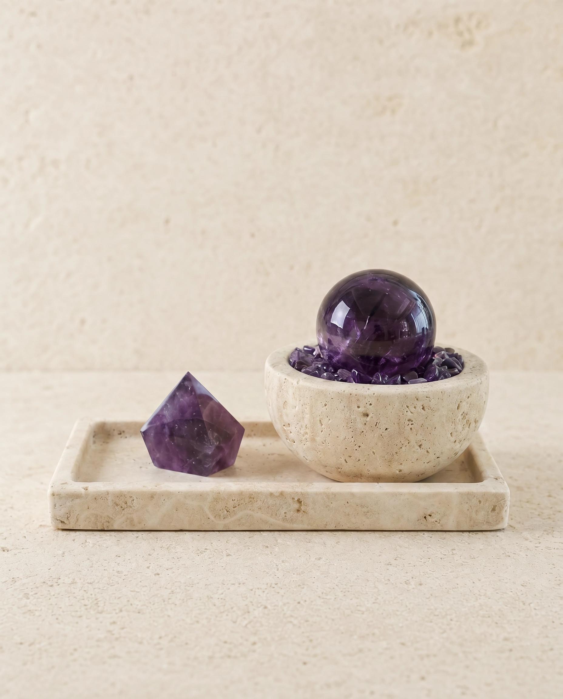 Amethyst Sphere and Point in Travertine Bowl with Tray