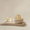 Citrine Cluster and Sphere Set on Travertine Tray front view
