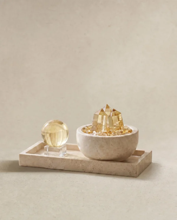 Citrine Cluster and Sphere Set on Travertine Tray front view