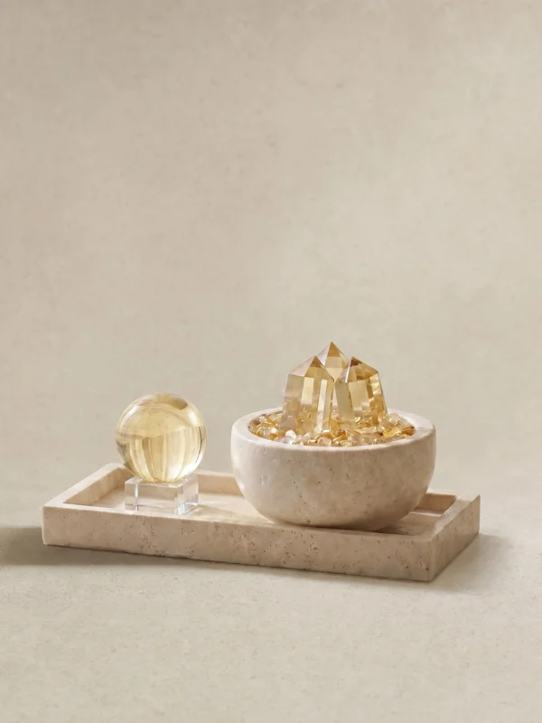 stone-blessings-citrine-cluster-and-sphere-set-on-travertine-tray-front-view Citrine Cluster and Sphere Set on Travertine Tray front view