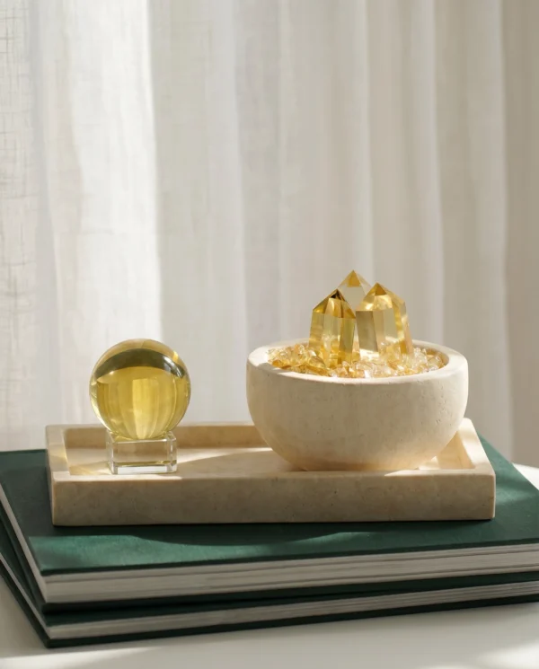Citrine Cluster and Sphere Set on Travertine Tray styled on dark green books