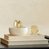 Citrine Cluster and Sphere Set on Travertine Tray styled on stacked books