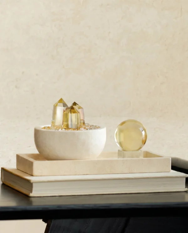 Citrine Cluster and Sphere Set on Travertine Tray styled on stacked books