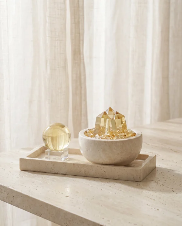 Citrine Cluster and Sphere Set on Travertine Tray styled with a sheer curtain