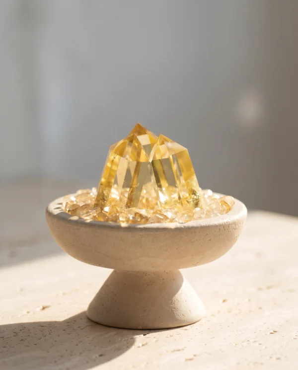 Citrine Cluster in Pedestal Bowl side view in natural light