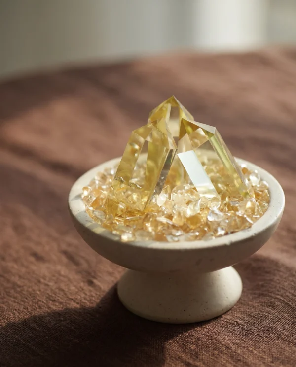 Citrine Cluster in Pedestal Bowl styled on a wood surface