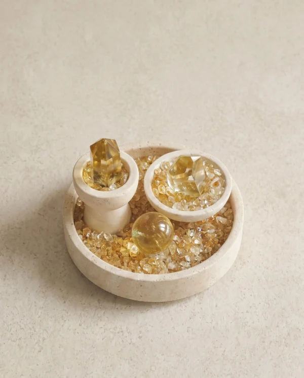 Citrine Three-Piece Set on Round Travertine Tray overhead view