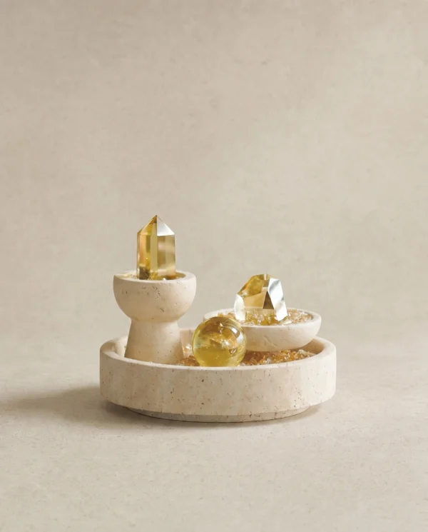 Citrine Three-Piece Set on Round Travertine Tray front view