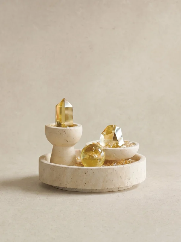 stone-blessings-citrine-three-piece-set-on-round-travertine-tray-front-view Citrine Three-Piece Set on Round Travertine Tray front view