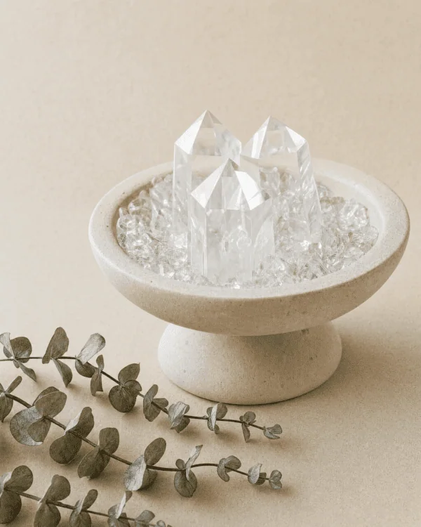 stone-blessings-clear-quartz-crystal-pedestal-bowl-styled-with-eucalyptus-leaves-in-a-calm-minimal-setting Stone Blessings clear quartz crystal pedestal bowl styled with eucalyptus leaves in a calm minimal setting