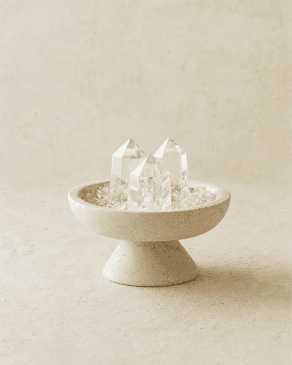 stone-blessings-clear-quartz-towers-on-a-bed-of-clear-quartz-chips-in-a-travertine-pedestal-bowl-front-view Clear Quartz Vessel with Three Points