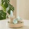 Fluorite Three Forms on Travertine styled on a side table in a bright interior