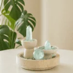 Fluorite Three Forms on Travertine styled on a side table in a bright interior