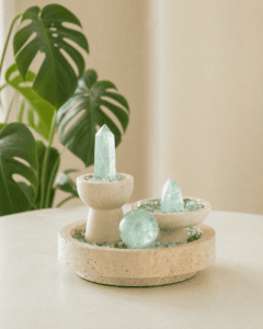 Fluorite Three Forms on Travertine styled on a side table in a bright interior