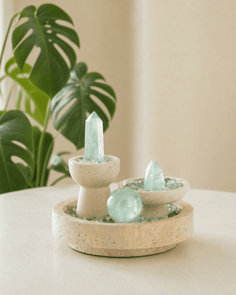 Fluorite Three Forms on Travertine styled on a side table in a bright interior