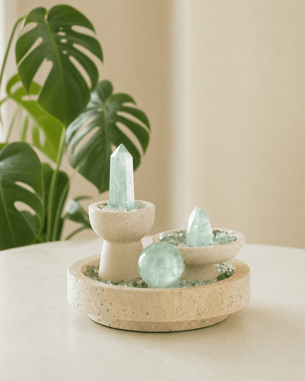 Fluorite Three Forms on Travertine styled on a side table in a bright interior