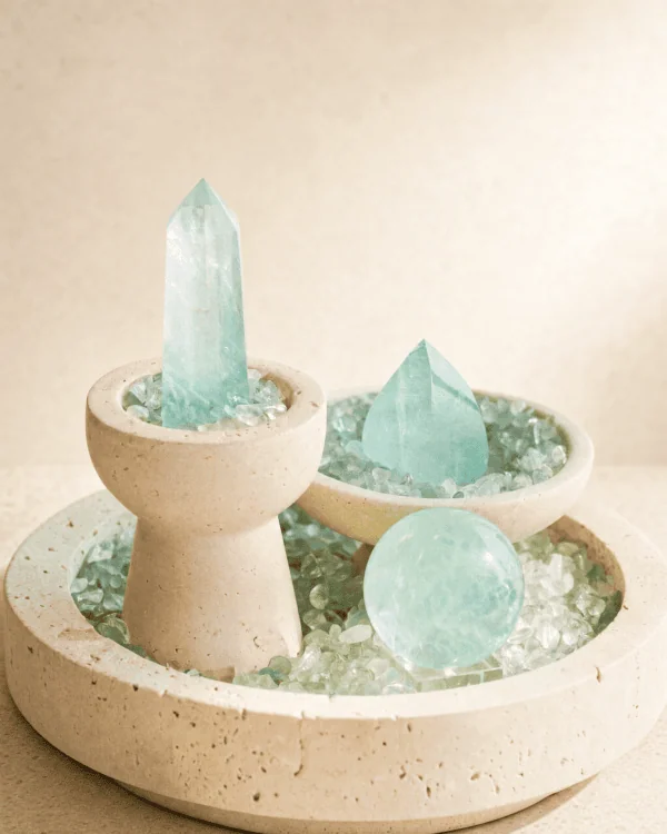 Fluorite Three Forms on Travertine showing tower, freeform and sphere