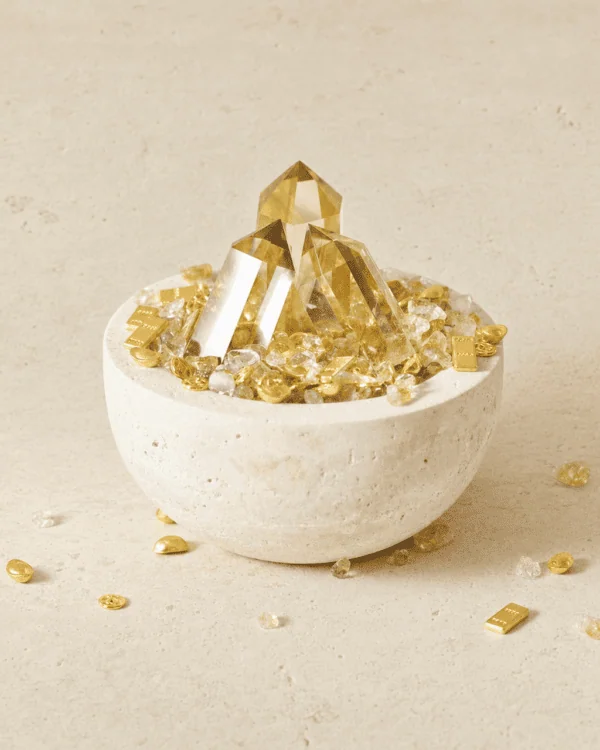 Stone Blessings natural citrine crystal bowl with a polished citrine tower in a stone vessel front view