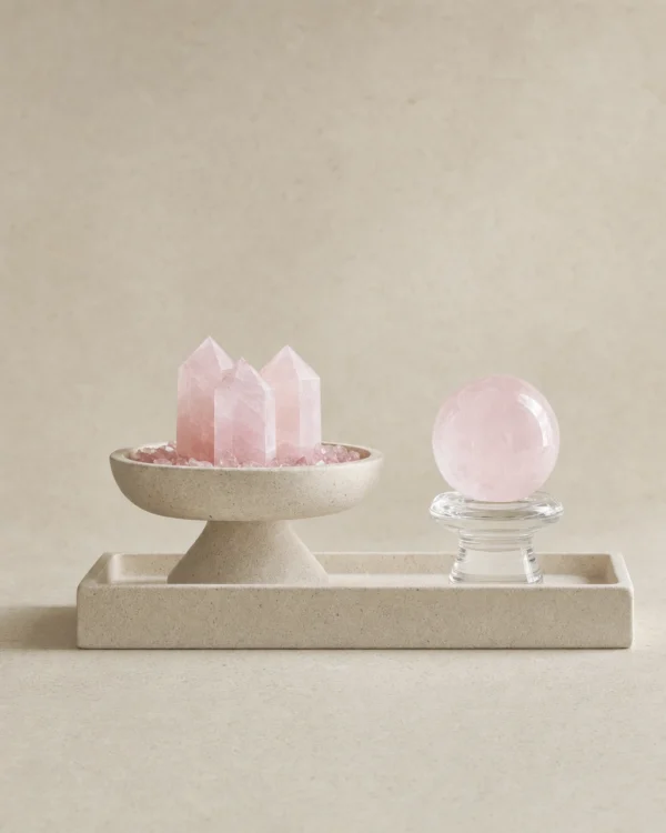 Rose Quartz Two-Piece Set on Travertine Tray