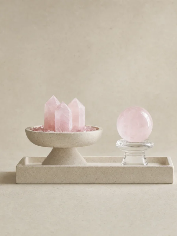 Rose Quartz Two-Piece Set on Travertine Tray