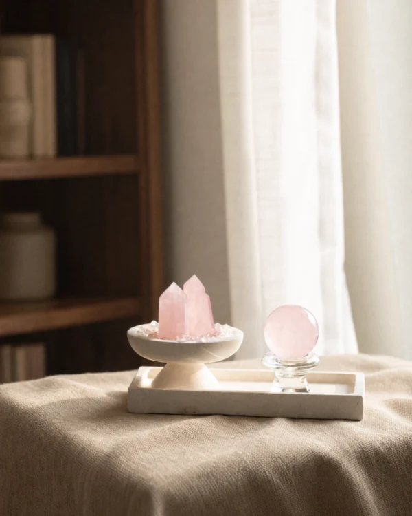 Rose quartz crystal centerpiece styled on linen in a quiet interior