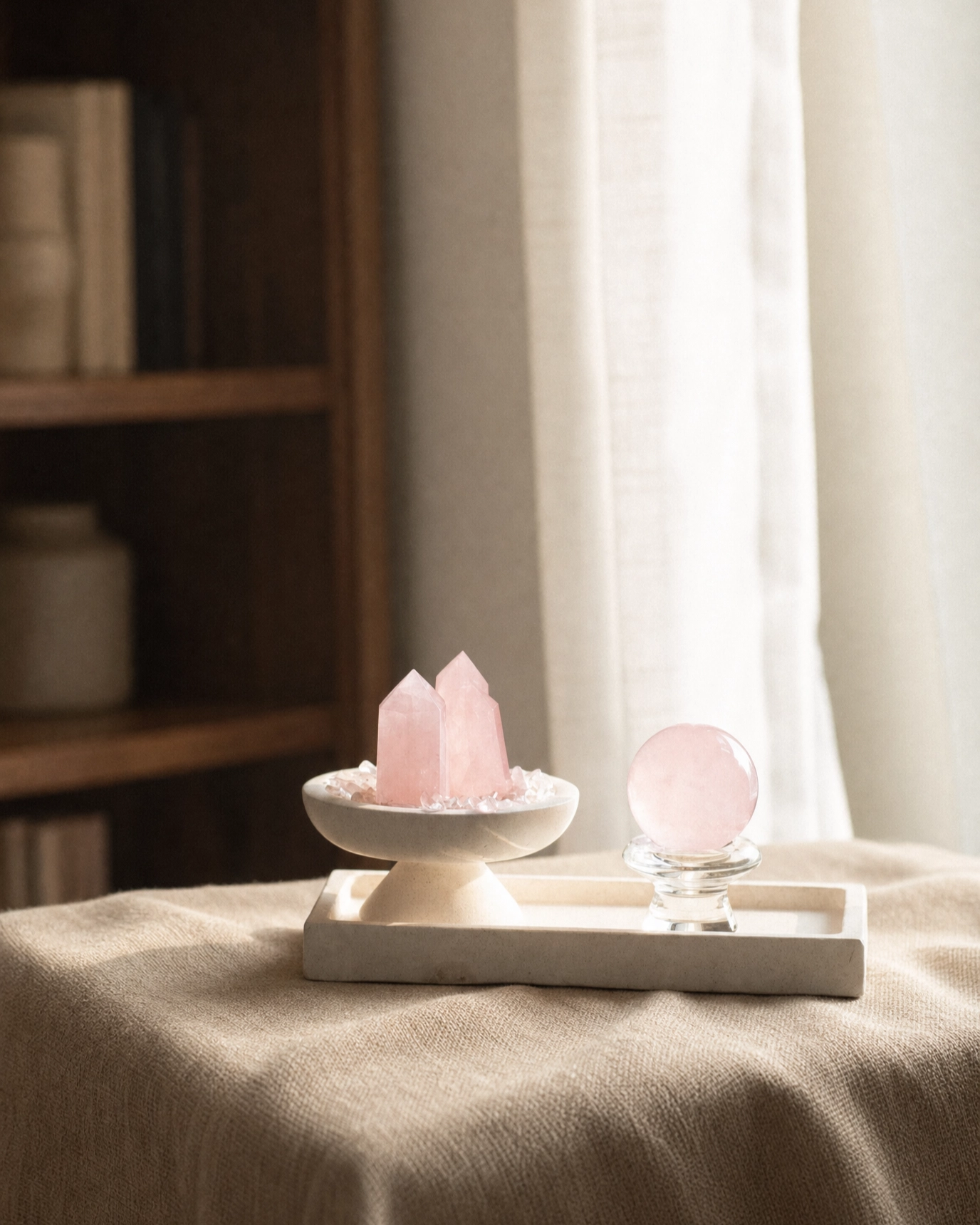 Rose quartz crystal centerpiece styled on linen in a quiet interior