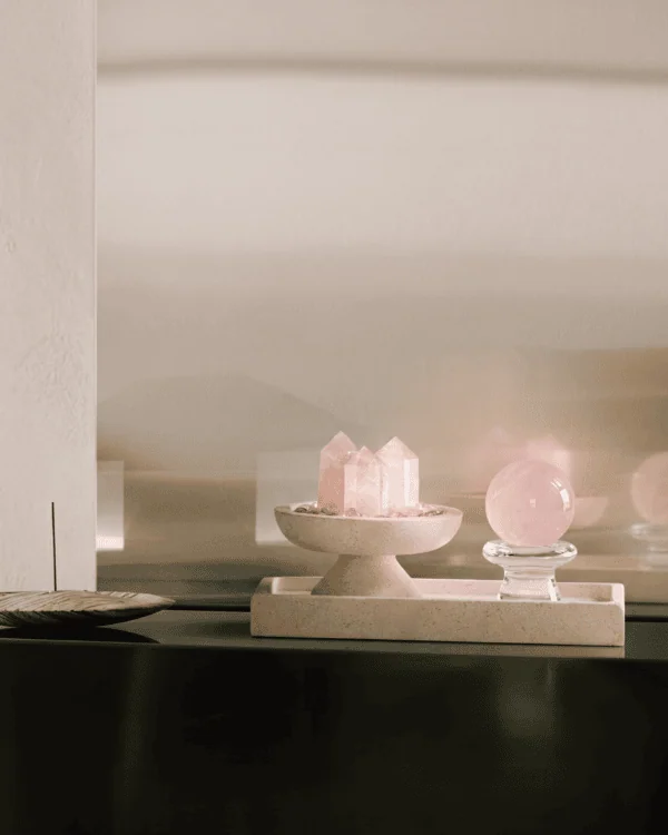 Rose Quartz Two-Piece Set on Travertine Tray styled as minimalist console decor