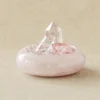 stone-blessings-two-clear-quartz-towers-and-a-rose-quartz-tower-on-a-bed-of-rose-quartz-chips-in-an-afghan-pink-jade-bowl-front-view Rose Quartz Points in Pink Marble Vessel front view