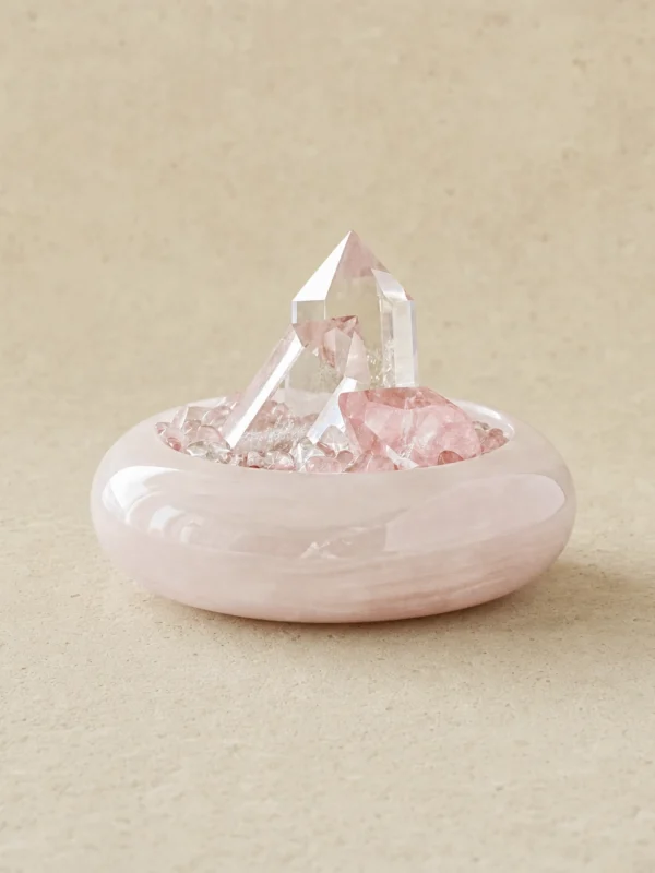 stone-blessings-two-clear-quartz-towers-and-a-rose-quartz-tower-on-a-bed-of-rose-quartz-chips-in-an-afghan-pink-jade-bowl-front-view Rose Quartz Points in Pink Marble Vessel front view