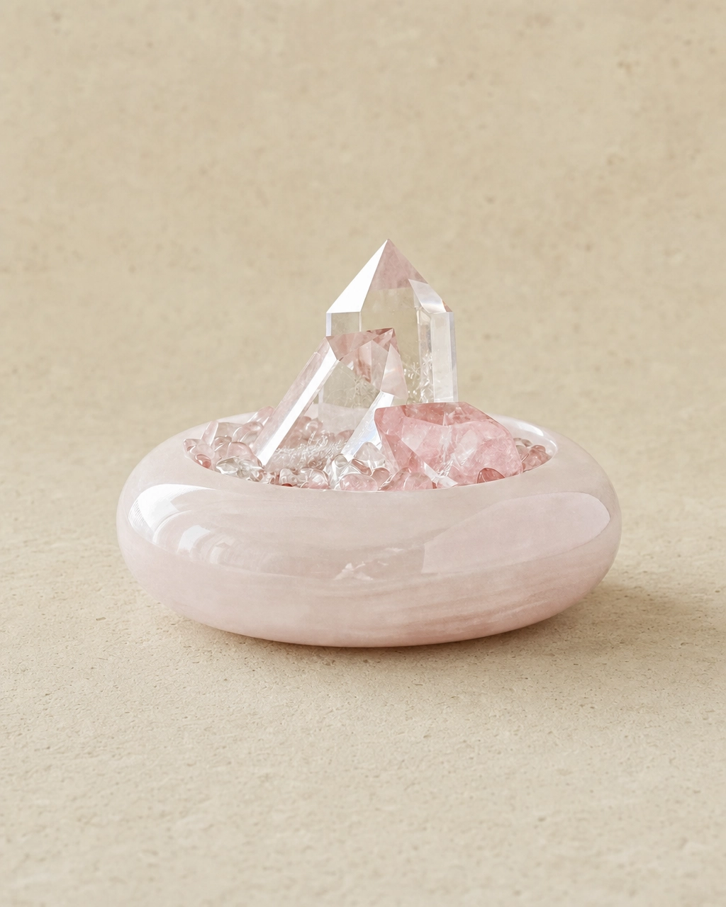 Rose Quartz Points in Pink Marble Vessel front view