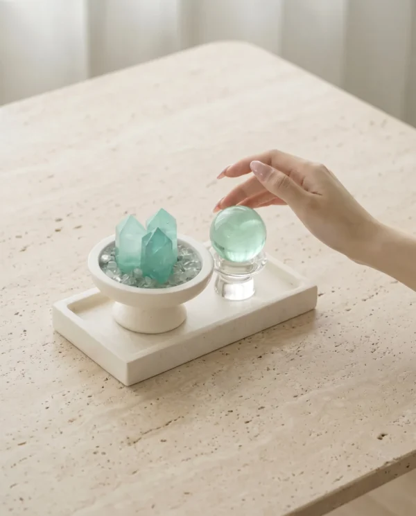 Fluorite Points and Sphere on Travertine Tray with hand interaction