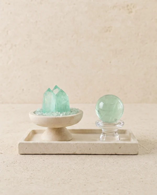 Fluorite Points and Sphere on Travertine Tray