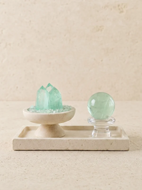 Fluorite Points and Sphere on Travertine Tray