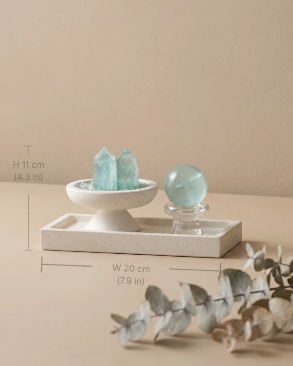 Fluorite Points and Sphere on Travertine Tray styled with dried branches