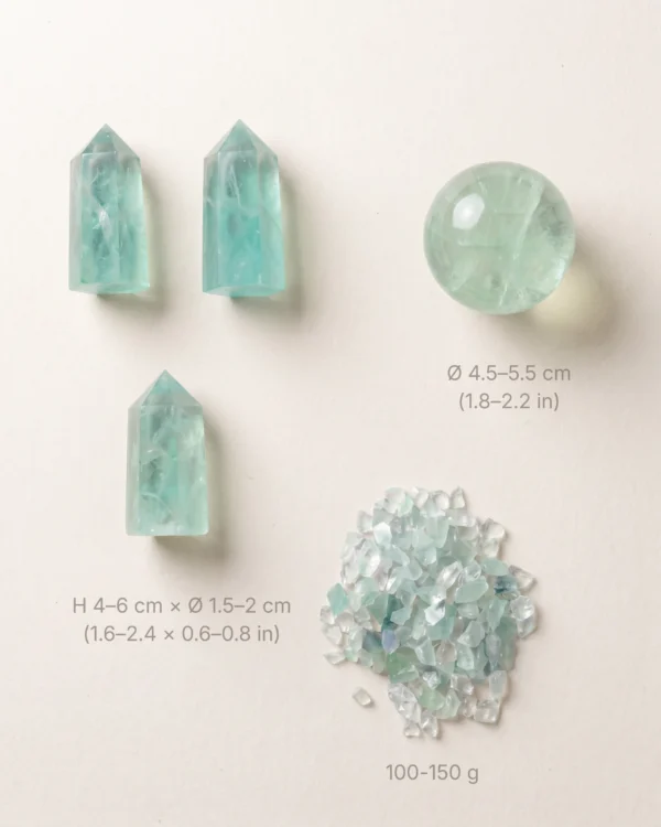 Fluorite Points and Sphere on Travertine Tray detail breakdown with size reference