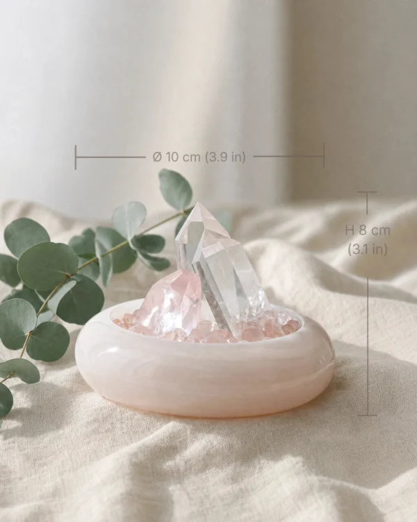 stone-blessings-rose-quartz-and-clear-quartz-crystal-bowl-styled-on-soft-cream-fabric-with-eucalyptus-leaves-in-a-calm-setting-with-size Rose Quartz Points in Pink Marble Vessel styled on soft cream fabric with eucalyptus and size reference