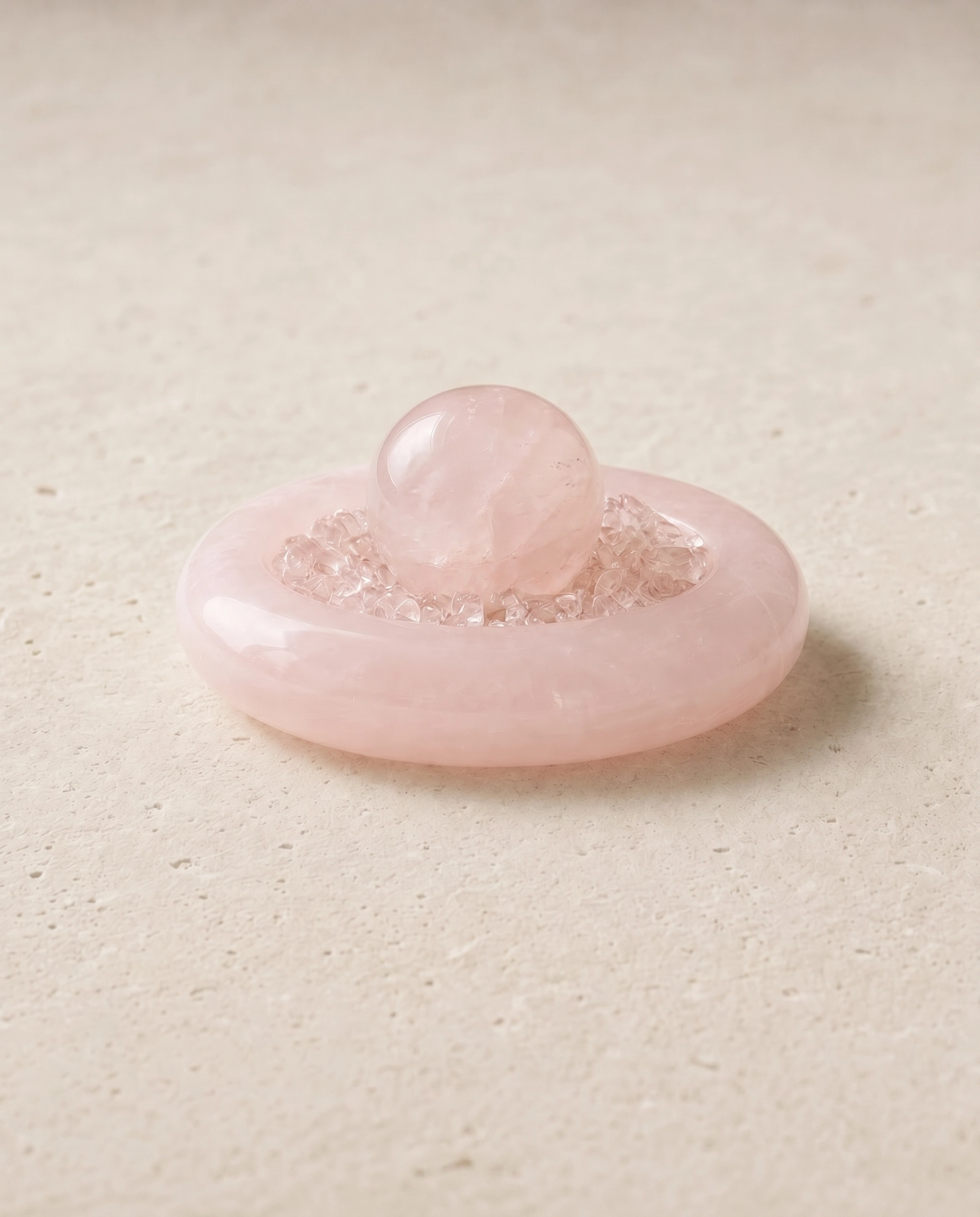 Rose quartz sphere in a polished pink marble vessel
